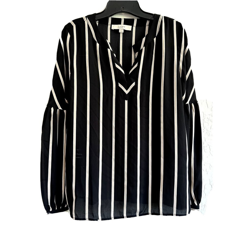 Loft Striped Balloon Sleeve Blouse Woman's Size XS black white office modern